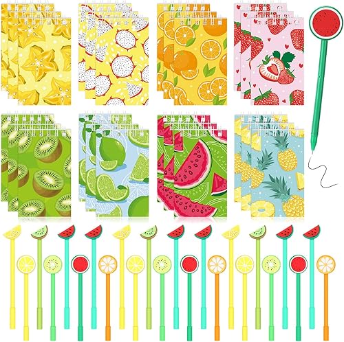 Yeaqee 48 piezas de mini cuadernos y bolígrafos de frutas de verano, recuerdos de fiesta, lindos diarios y bolígrafos, rellenos de piñata, regalos