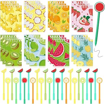 Yeaqee 48 Pieces Fruit Mini Notebooks and Ballpoint Pens Summer Fruit Them Party Favors Cute Journal and Pens Set Pinata Fillers Gifts for Kids Adults School Office Party Supplies Classroom Prizes