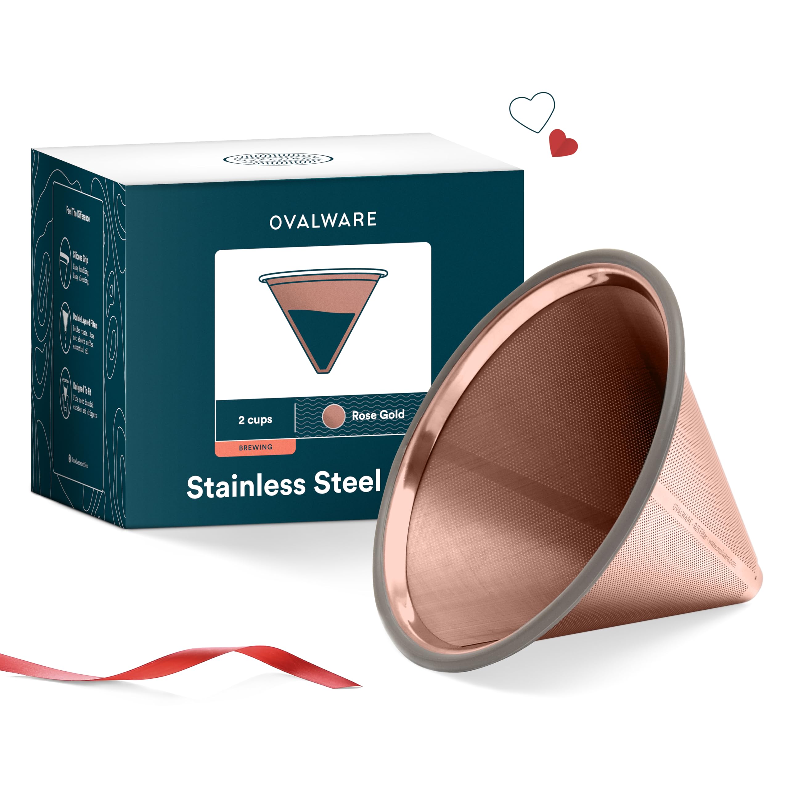 OVALWARE Paperless Stainless Steel Pour Over Coffee Filter – Reusable and Permanent Coffee Cone Dripper for Ovalware, Chemex, Hario and Other Carafes (Titanium Rose Gold)