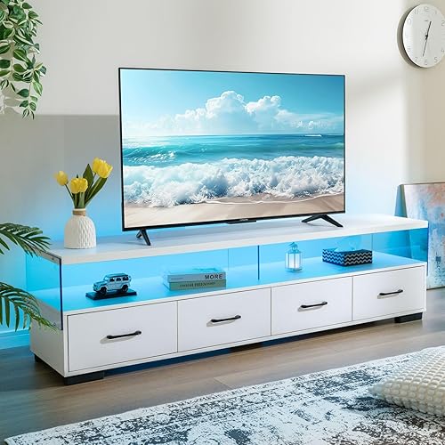 Miniatura 4 de Moderno soporte de TV de 75 pulgadas para sala de estar, centro de entretenimiento blanco con 4 cajones grandes y estantes de almacenamiento,