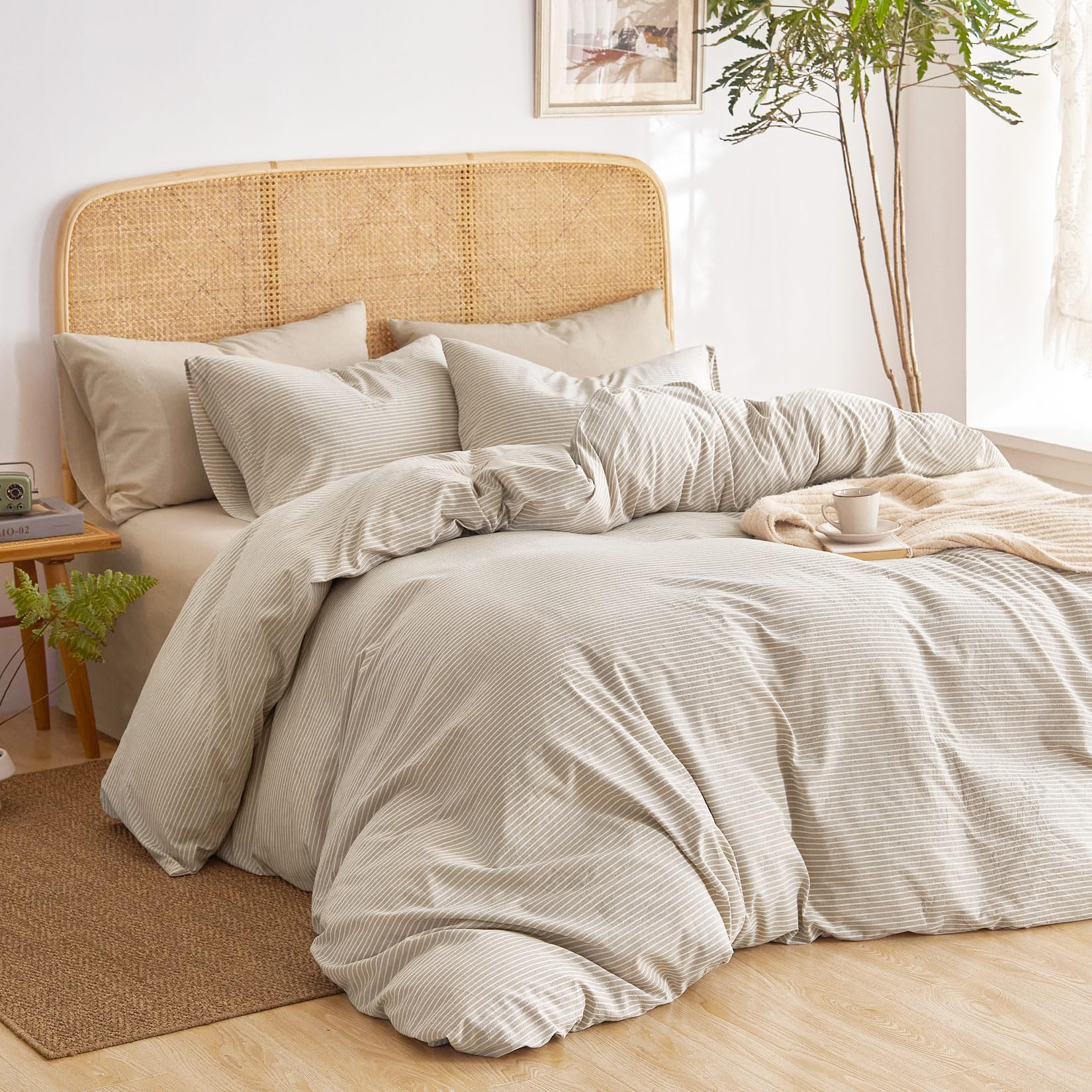 Wake In Cloud - Striped Cotton Duvet Cover Set, 100% Washed Cotton Textured Percale Bedding Set, Ticking Stripe Pinstripe Farmhouse, 3 Pieces, Tan,