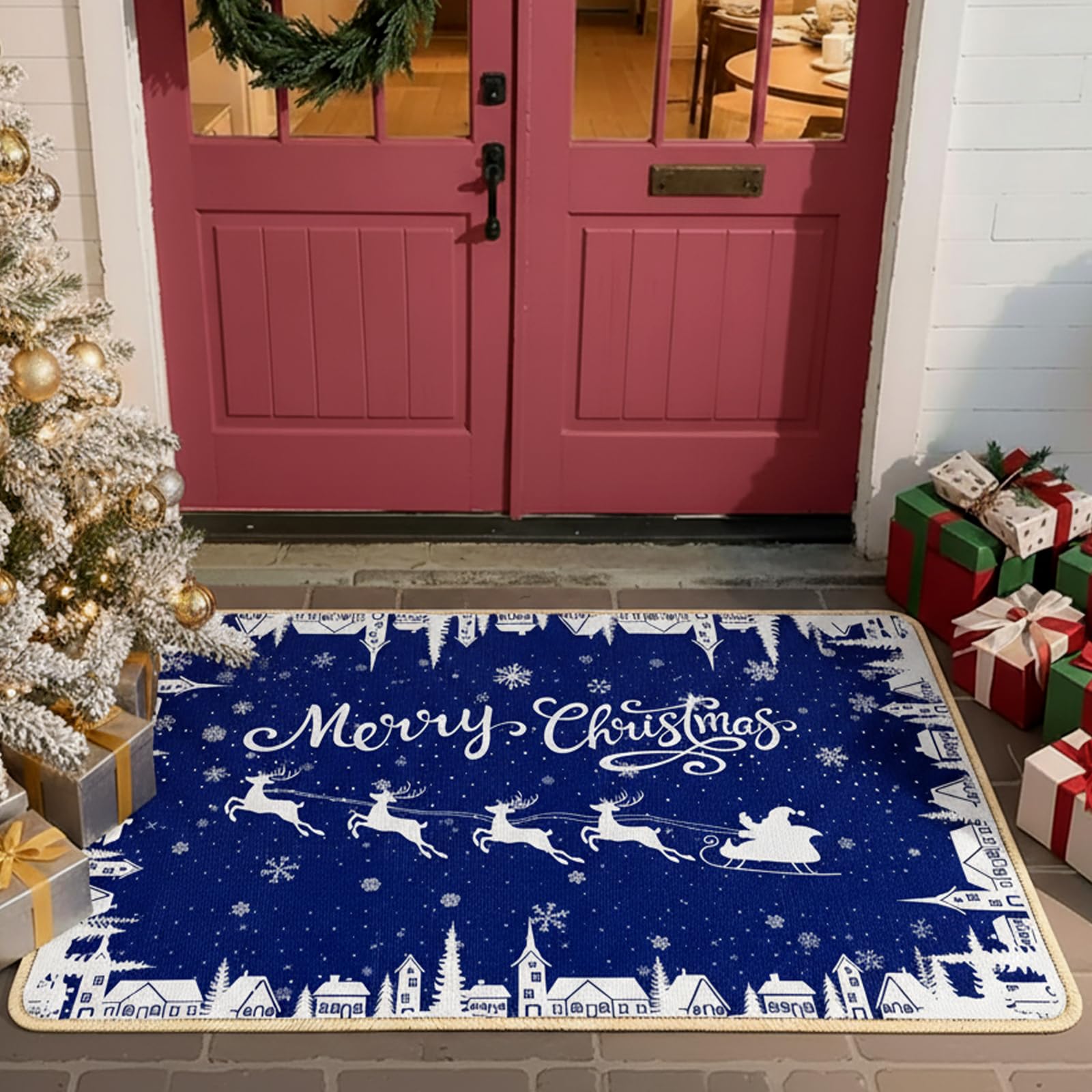 Dunzy Fußmatte, Motiv: blaue Schneeflocken, Motiv: Frohe Weihnachten, Winterdorf, Küchenteppich, Heimdekoration, rutschfest, waschbar, Teppich für Küche, Eingangsbereich, Schlafzimmer, Badezimmer