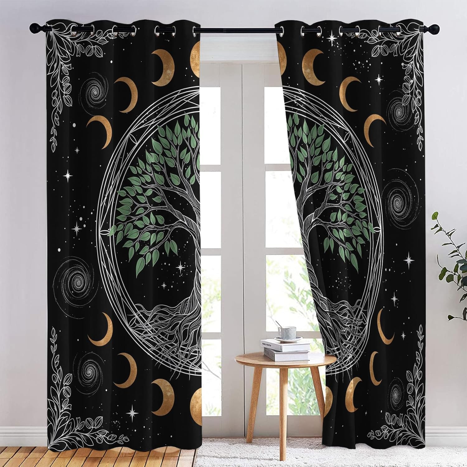 Spiritual Tree of Life Curtains 54 Inch Length 2 Panels Set, Moon Phase Celestial Patterned Blackout Curtains for Bedroom, Living Room Decor, Room Darkening Thermal Insulated Grommet Drapes