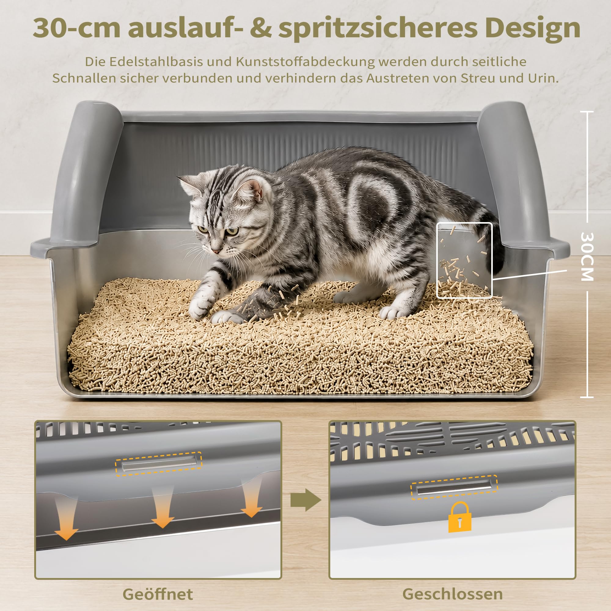 Katzenklo Edelstahl XXXL mit DIY-Aufkleber (60x40x30cm), 37L Katzentoilette Edelstahl mit Deckel, Große Kapazität, Auslaufsicher&Spritzsicher, einfacher EIN- und Ausstieg, Einfach zu Reinigen