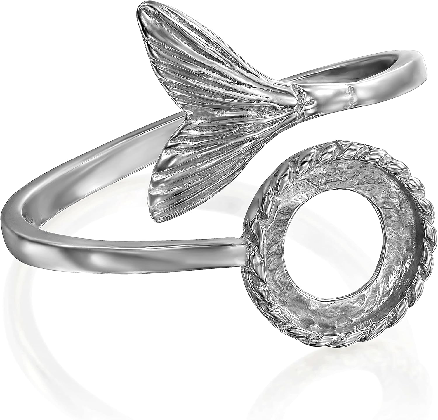 Stera Jewelry Adjustable 925 Sterling Silver Bypass Mermaid Tail Ring Blank with 8mm Round Bezel Cup