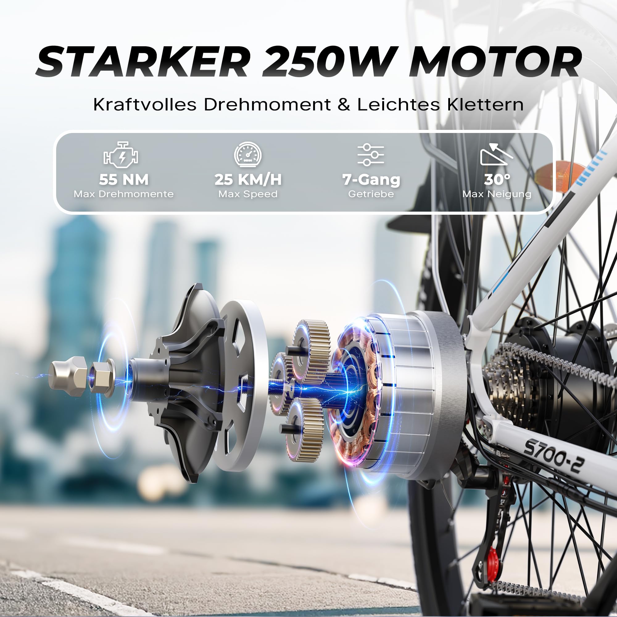 E Bike, 28 Zoll E-Bike Herren Damen 48V 499.2 Wh Akku, Reichweite Bis 100 KM, 250W Motor, Elektrofahrrad 7-Gang Schaltung, E Fahrrad LCD-Display, 4 Fahrmodi, Pedelec CityBike für Erwachsene