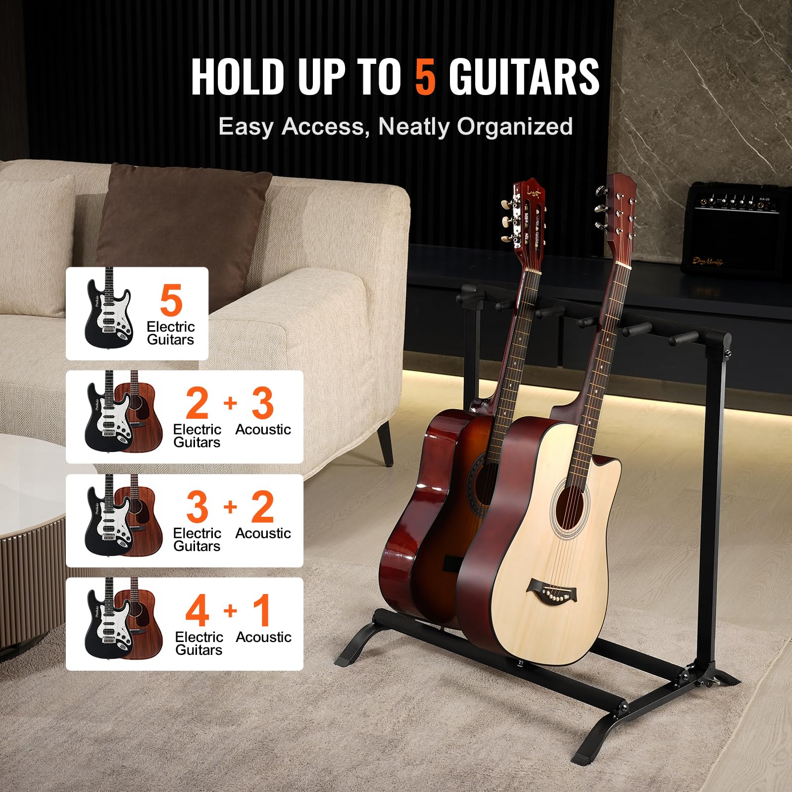 VEVOR 5 Fach Gitarrenständer, Gitarrenstativ, faltbares Gestell mit rutschfester Basis, Sicherheitsstift und Schutz aus hochdichtem Schaumstoff, für Gitarre, Akustik- und E-Bass