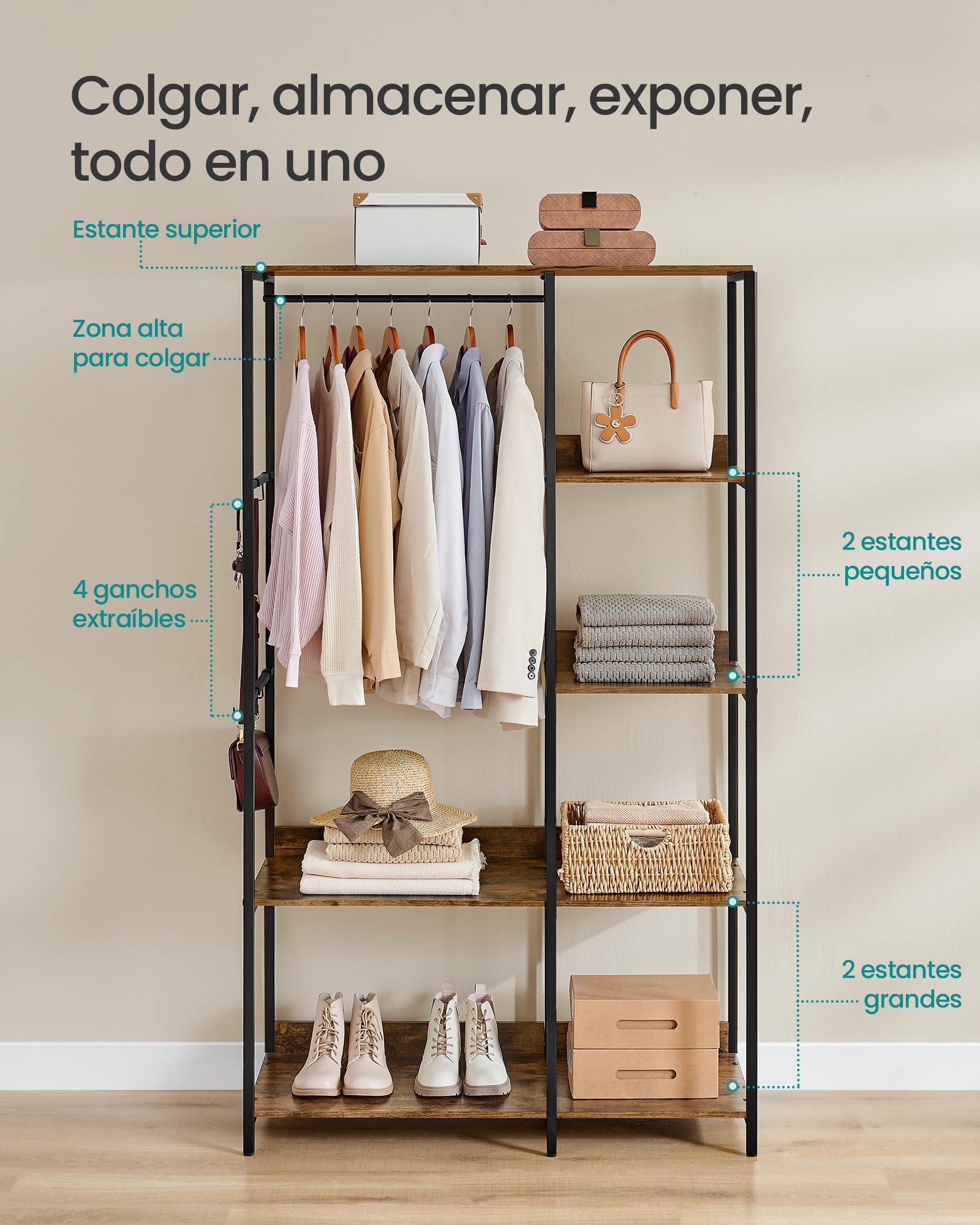 SONGMICS Guardaroba, Stand Appendiabiti, Armadio Aperto con Aste per Appendere, Ripiani Portaoggetti, Ganci Rimovibili, 98 x 40 x 181 cm, Marrone Vintage RGR024B01