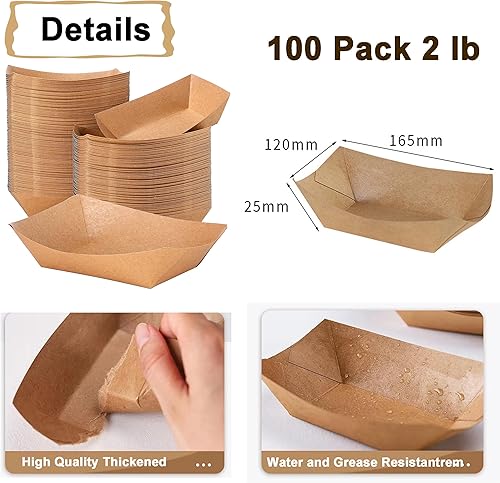 Miniatura 2 de Paquete de 100 bandejas de papel kraft de 2 libras, bandejas de comida de alta resistencia, desechables para papas fritas, nachos, resistentes a la