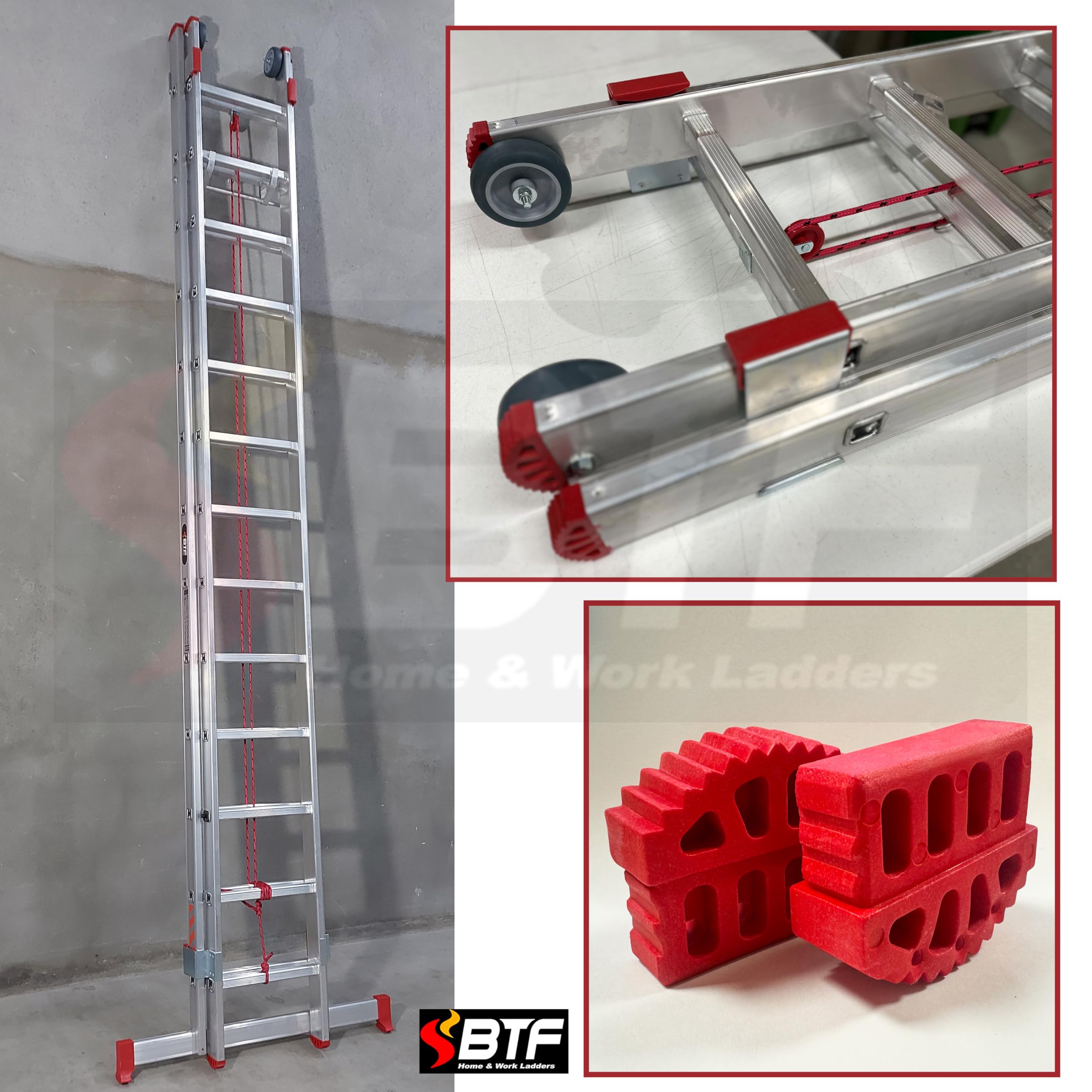 BTF | Juego de 4 Conteras para Escaleras Industriales Profesinoales 1, 2 o 3 Tramos Combinada y/o Extensible | Pies de Goma de Escaleras Perfil de Montante 80x25mm.