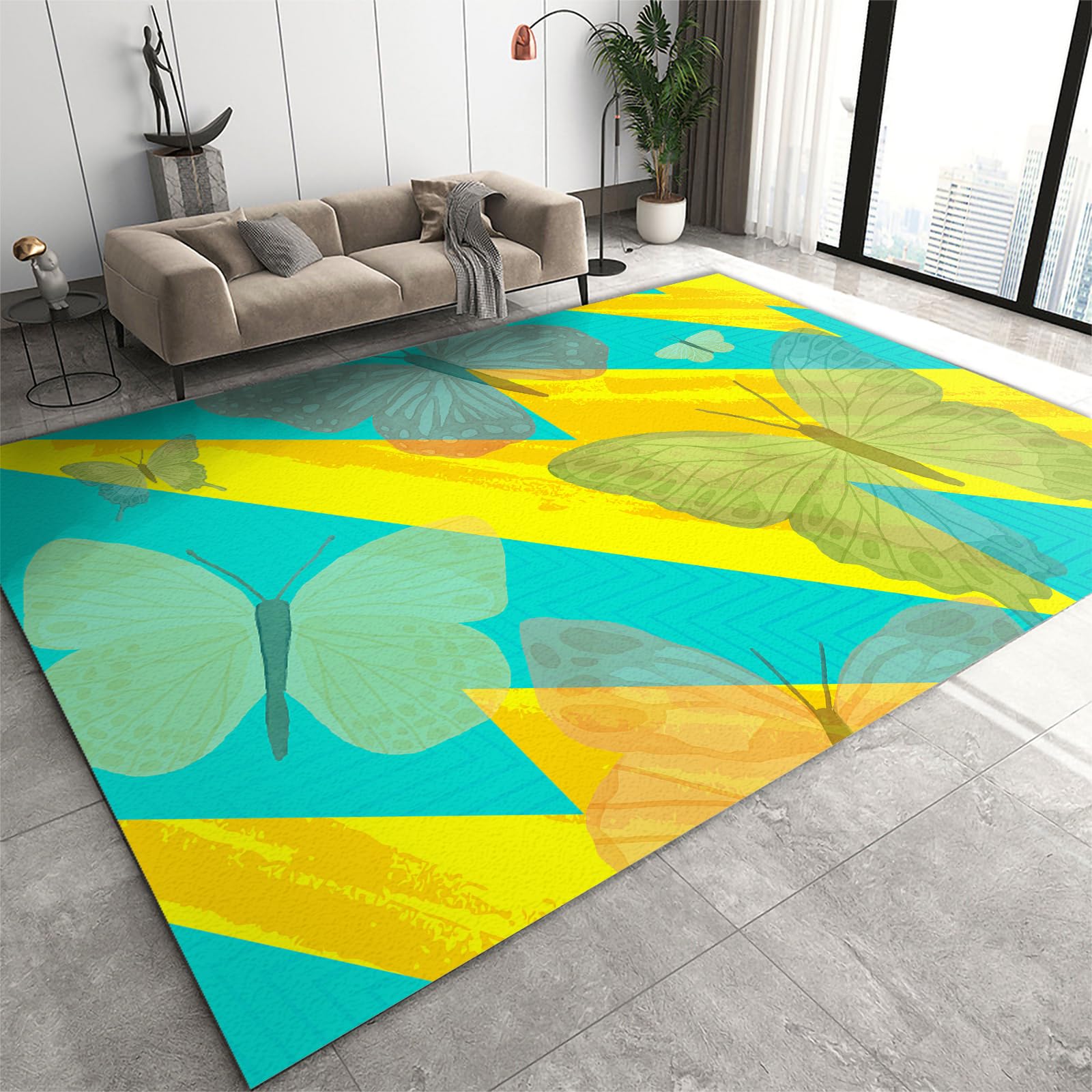 FIEMAR Area Rug 140x200cm Washable Vintage Area Rug, Butterfly Print Indoor Modern Area Rugs, Boho Chic Design Large Carpet Non Slip Low Pile Lightweight Easy Care for Backyard Living Room