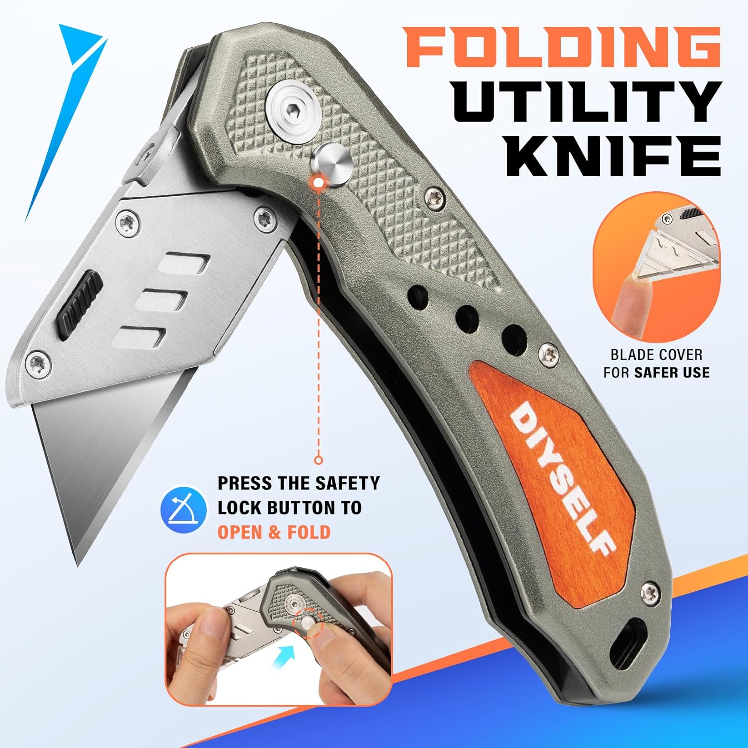 DIYSELF Folding Utility Knife with 10 Extra SK5 Blades, Quick-Change Blade & Button Lock, Box Cutter Razor Knife with Stainless Steel Head, Gifts for Men, Heavy Duty Box Knife for Cardboard Carpet PVC