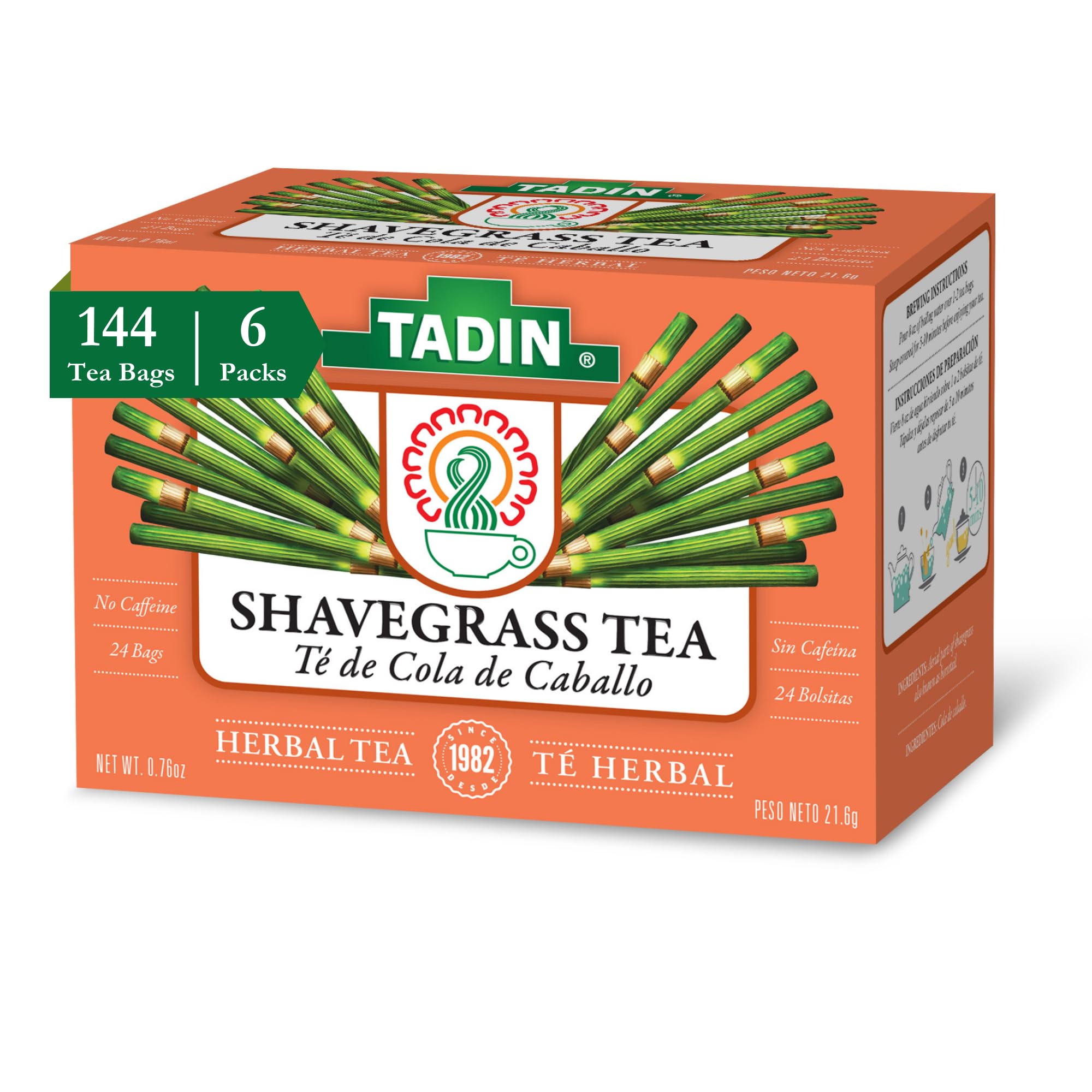 Tadin Shavegrass Herbal Tea, Caffeine Free, 24 Tea Bags Per Box, Pack of 6 Boxes Total