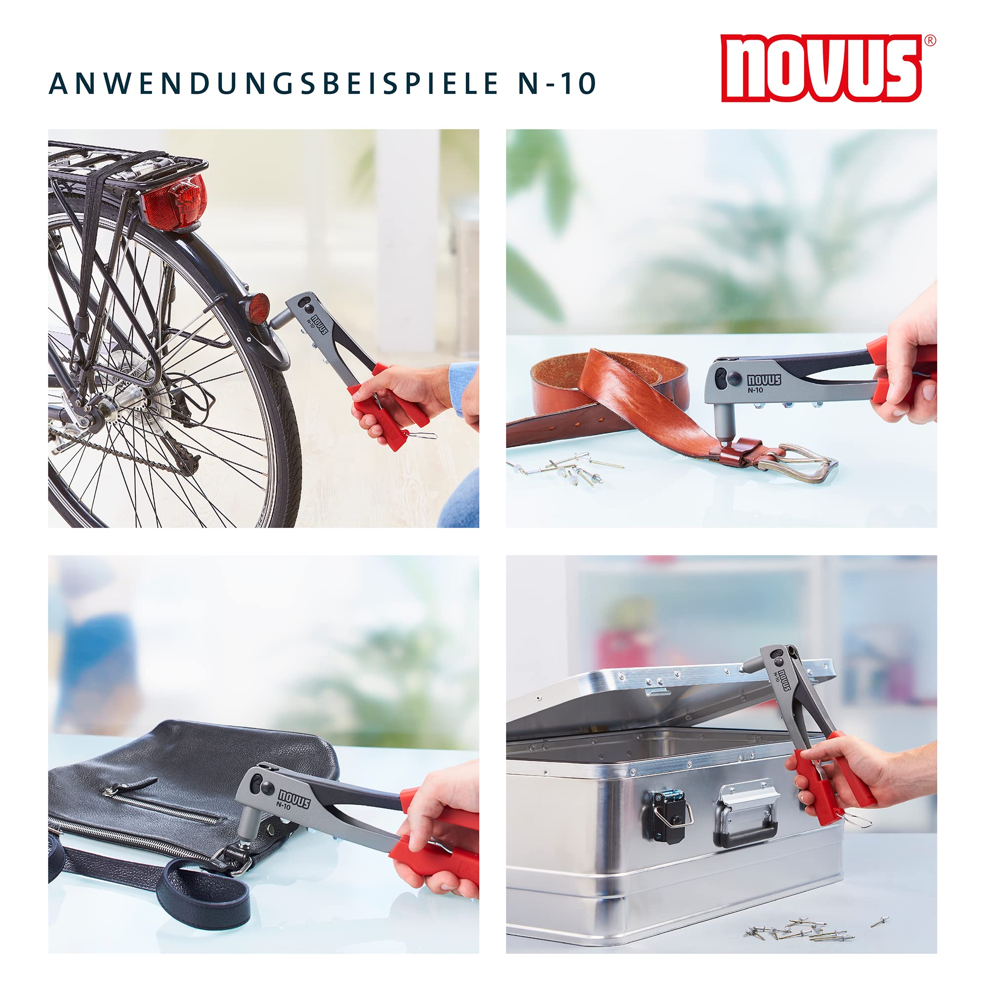 Novus Zestaw szczypiec nitowniczych N-10 - w zestawie 15 aluminiowych nitów zrywalnych A2.5, A3, A4 i A5, szczypce do nitowania z 1-ręczną obsługą