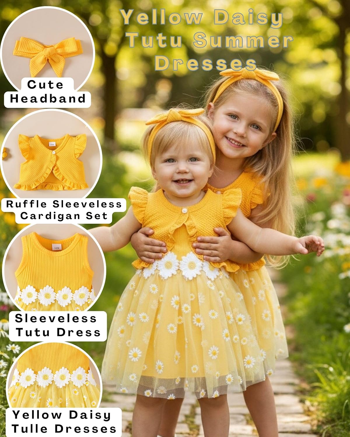 Renotemy Toddler Girls Flower Dress Yellow Daisy Dresses 18 Month Girl Clothes Summer Sleeveless Tutu Dresses with Cardigan Set Birthday Party Wedding Dress for Girl 18-24 Months Photography Outfit