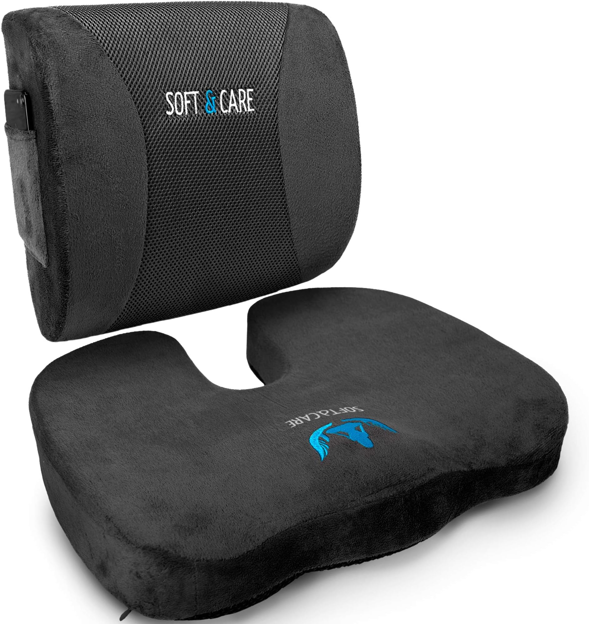SOFTaCARE Seat Cushion Coccyx Orthopedic Memory Foam and Lumbar Support Pillow, Set of 2, Dark Gray