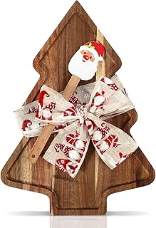 Christmas Cutting Board Gift Christmas Tree Cutting Board with Santa Shaped Scraper and Ribbon Charcuterie Boards Wooden Serving Tray for Cheese Fruit Bread Salad Vegetables Snack Dessert