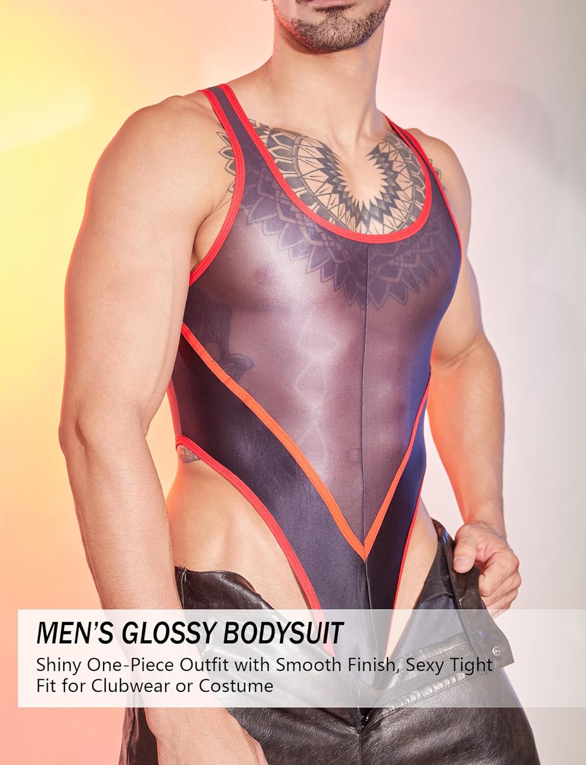 FEOYA Mens Glossy Oily Lingerie High Cut Bodysuit Top Mesh Sheer Singlet Muscle Suit Leotard Singlet Underpants - Image 2