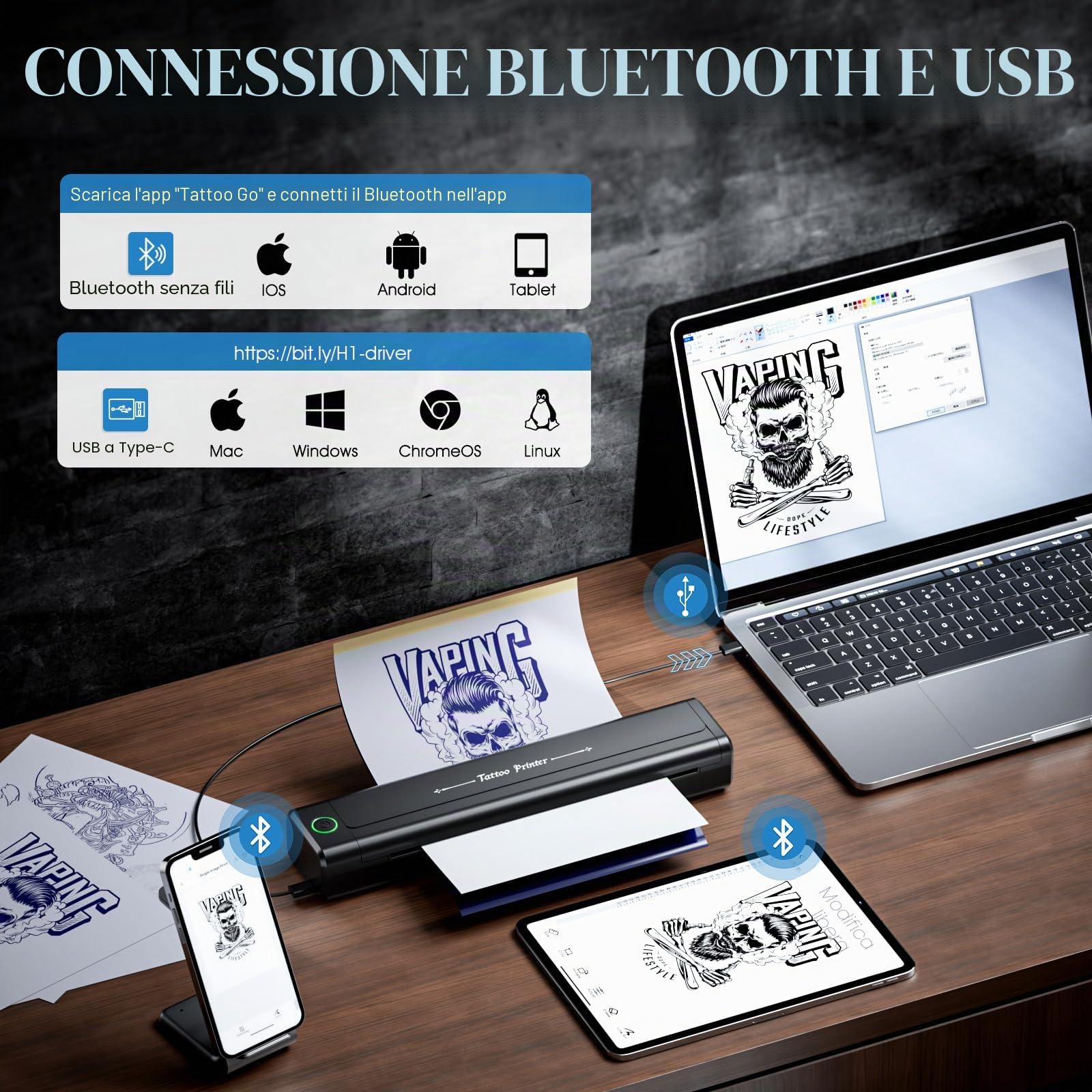 Stampante per Tatuaggi Bluetooth Stampante Stencil Tattoo | Stampante Termica Tattoo con 10 Carte di Trasferimento, Compatibile Con smartphone,Tablet e PC per Artisti e Principianti