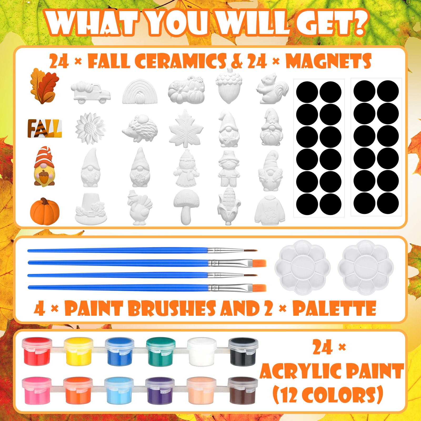 Simgoing 24 Sets Herbst-Keramik-Malset für Erwachsene, Thanksgiving, unlackiert, zum Bemalen Ihrer eigenen Figuren, DIY, fertig zum Bemalen, Keramik, Malerei, Basteln, Kunst- und Bastelset mit weichen