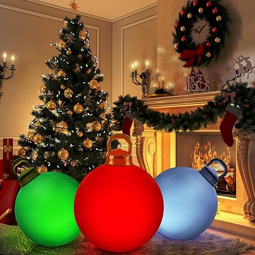 Miniatura 4 de Jetec 3 piezas de bolas de Navidad iluminadas al aire libre, grandes bolas inflables de PVC decoradas con luz y control remoto, bolas de adornos de