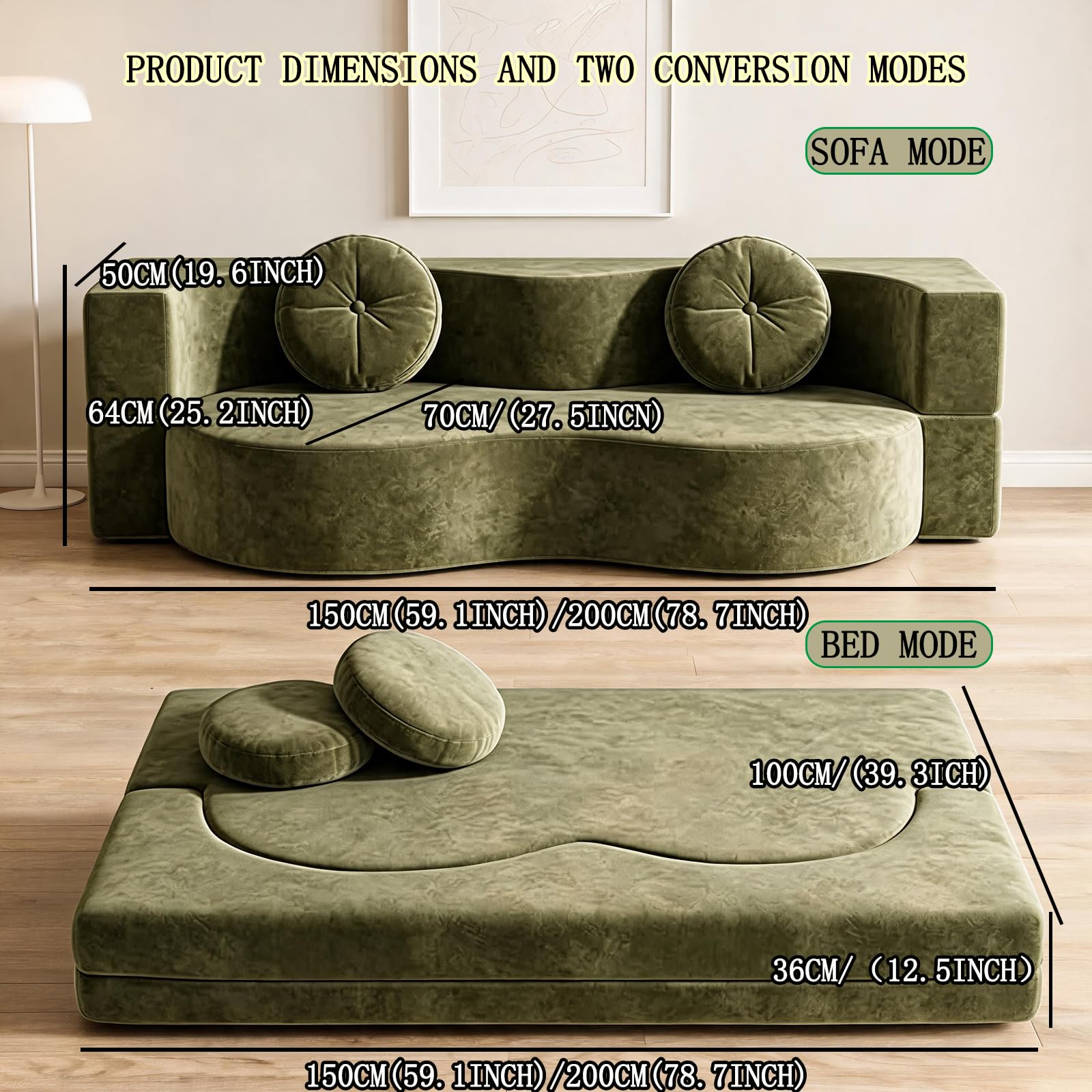 Komprimiertes Sofa ohne Knochen, wandelbar, komprimiertes Sofa, Bett, Memory-Schaum, vakuumverpackt, abnehmbarer Stoffbezug, inklusive 2 Wurfkissen, grün: 200 x 100 cm