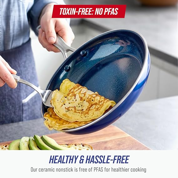 Blue Diamond 2 Piece Nonstick Frying Pan Set, 9.5 & 11 Skillets, PFAS-Free Ceramic, Dishwasher & Oven Safe, Stainless Steel Handle, Durable Metal Utensil Safe, Egg & Omelet Pans, Blue
