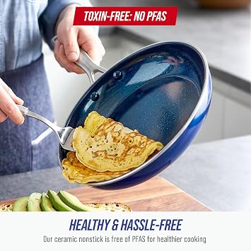 Blue Diamond 2 Piece Nonstick Frying Pan Set, 9.5 & 11 Skillets, PFAS-Free Ceramic, Dishwasher & Oven Safe, Stainless Steel Handle, Durable Metal Utensil Safe, Egg & Omelet Pans, Blue