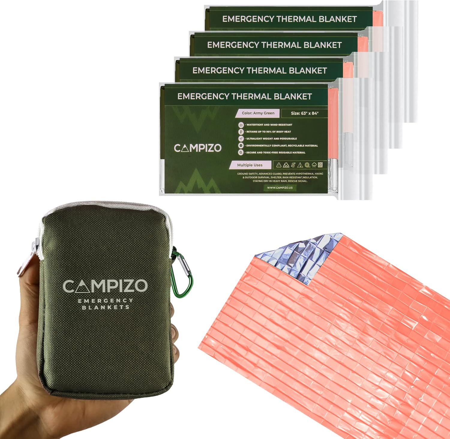 CAMPIZO 4 Pack Emergency Blankets Thermal Blanket, Space