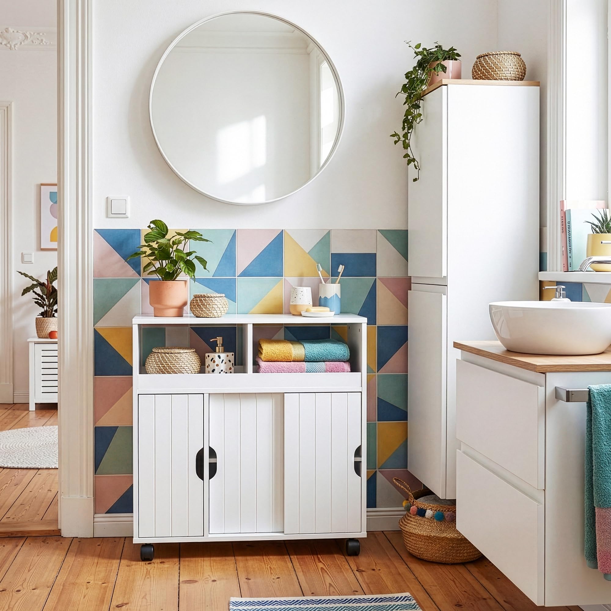 [en.casa] Armario Rodante Delgado Fadeskimma con 2 Compartimentos Abiertos y 3 Puertas Carrito Auxiliar con Ruedas Mueble Baño Carro de Almacenamiento Cocina 72 x 70 x 20 cm - Blanco