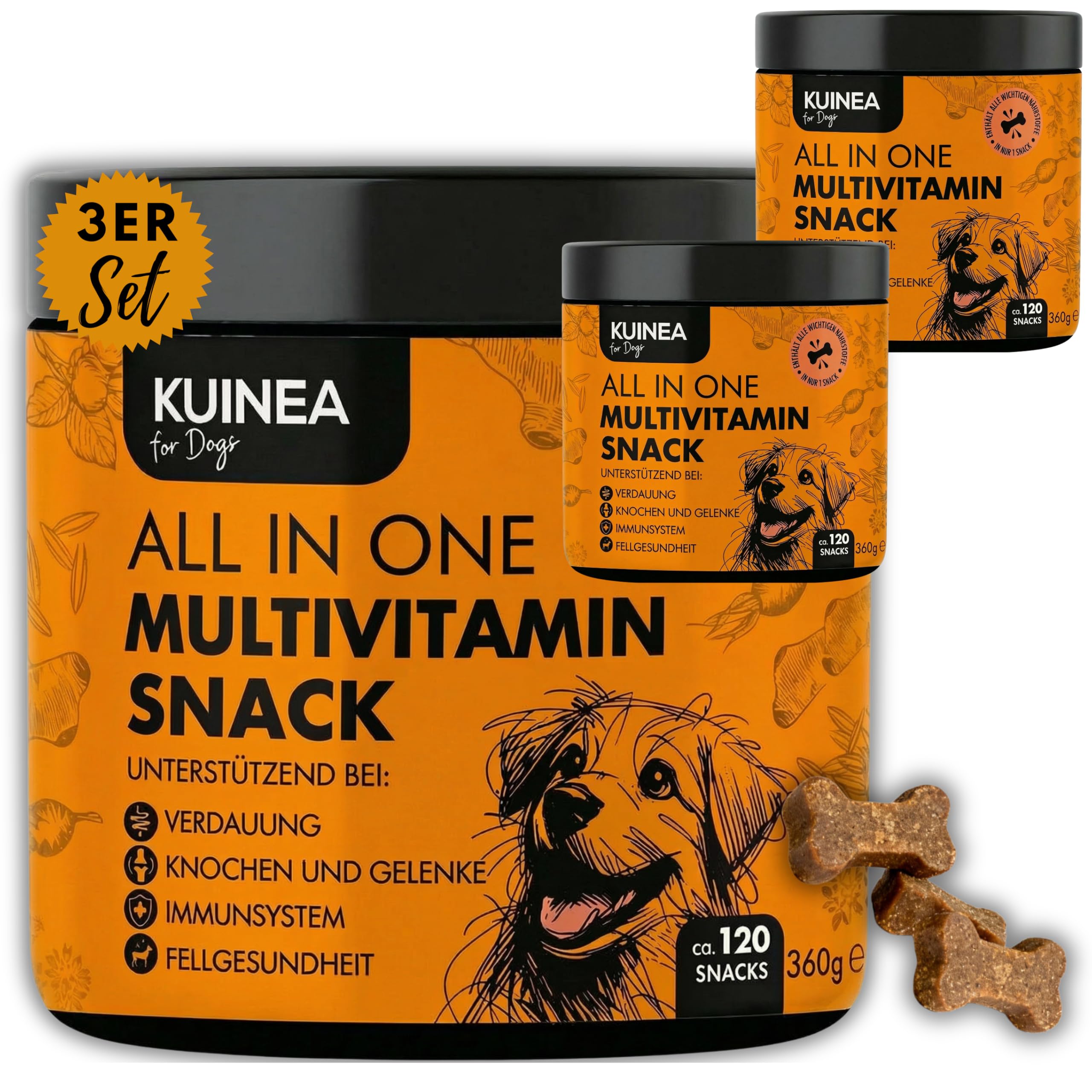 KUINEA® 3X Multivitamin Snack für Hunde – All in One Vitamine als Leckerli – 3X 120 Snacks (1080g) – Ergänzungsfuttermittel mit Vitaminen & Mineralstoffen – ab 6 Monaten (3er Pack)