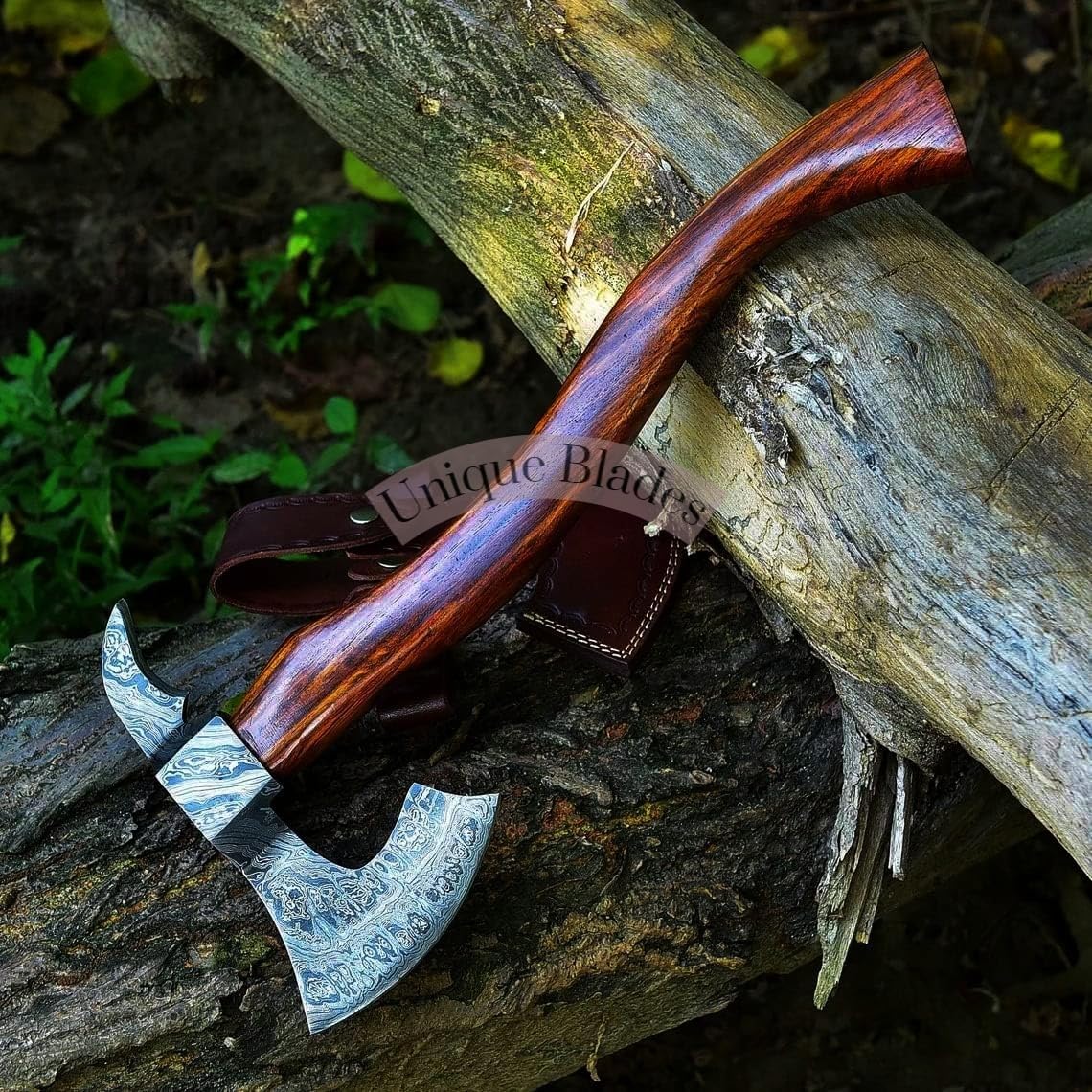 Viking Axe, Damascus Steel 1095-4340, Functional Handcraft, Wood Handle, Blade Sheath, 17 inches