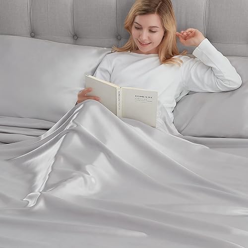 Miniatura 4 de Serta SatinLuxury - Juego de sábanas de satén sedoso de 4 piezas con fundas de almohada, tamaño matrimonial, color gris plateado