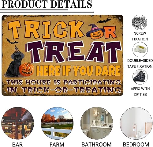 Miniatura 9 de Jsovesv Letrero de metal decorativo con diseño de gato y bruja y calabaza, con texto en inglés May Luck Be Yours On Halloween con gato negro para