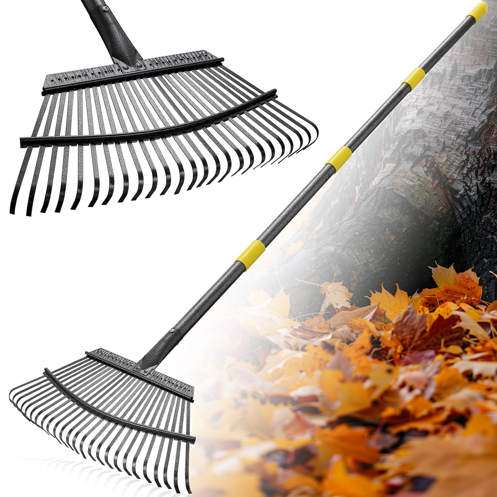 FLY HAWK Garden Rake, 200cm Adjustable Leaves Rakes with 25 Metal Tines, Long Handle Garden Rakes for Yard Clean Up - Garden Rakes for Leaves, Lawn Leveller, Yard Clean Up Tool