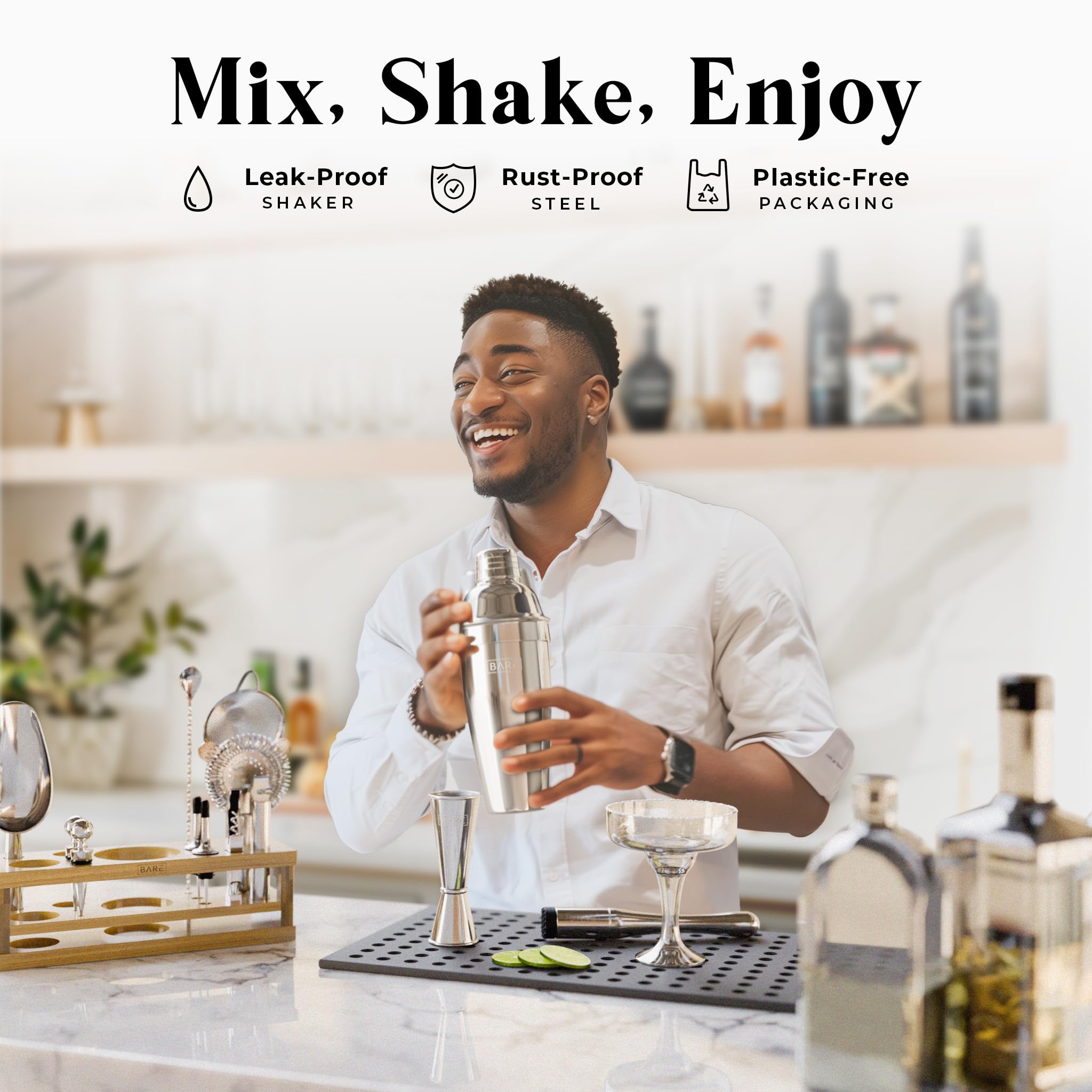 BARE BARREL® Mixology - Juego de bar para barman | Juego de coctelera de 16 piezas | Herramientas de mezcla de Martini para bar en casa | Incluye 35 tarjetas de recetas | Juego de regalo (coctelera de