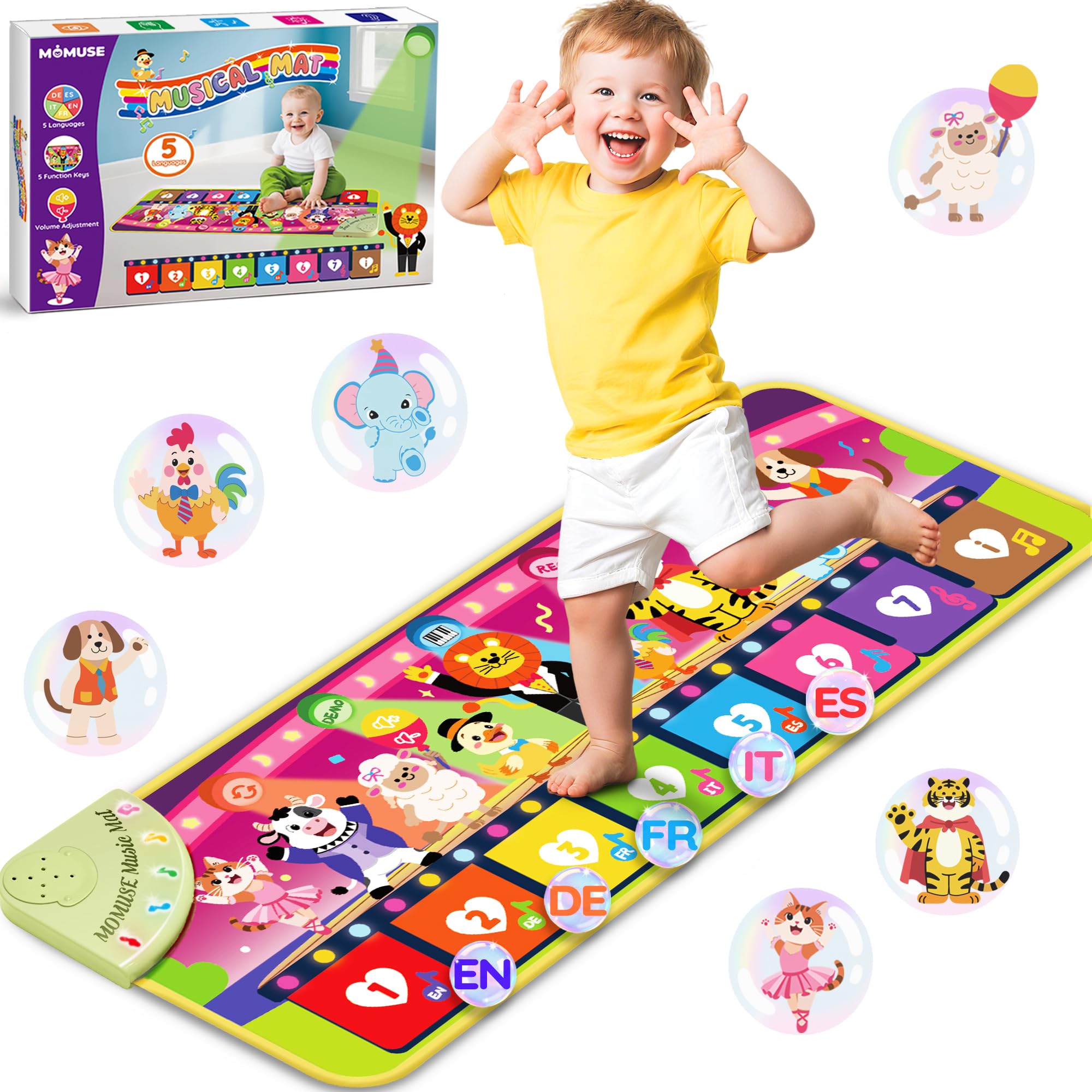 MOMUSE Tappeto Musicale 5 Lingue (IT/DE/FR/EN/ES), Regali Bambini 1 Anno, Tappeto Gioco Multilingue con 9 Animali, Portatile, Leggero, Regalo per Natale/Compleanno Bambini 1 2 3 4 Anni