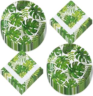 Tropical Green Palm Leaf Paper Dinner Plates and Napkins (Serves 16)