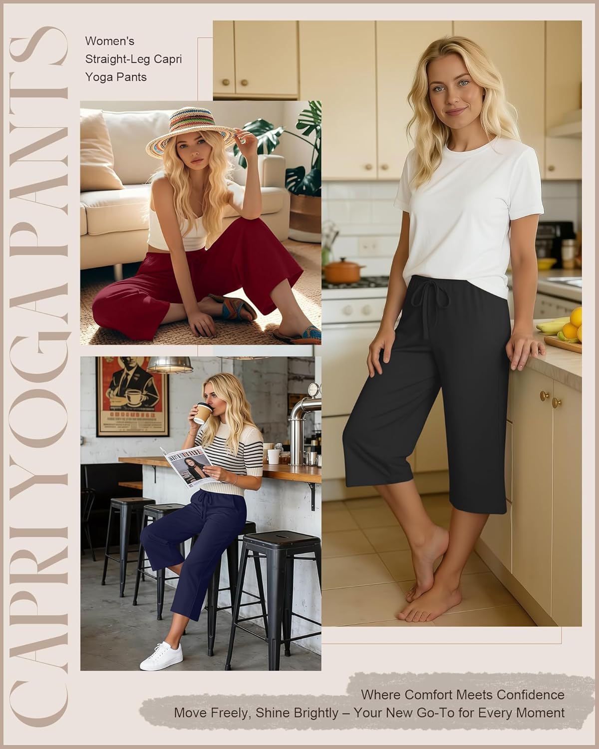 3 Pack Women's Capri Pants Drawstring Yoga Jogger Workout Sweatpants Straight Leg Pajama Trousers with Pockets - Image 5