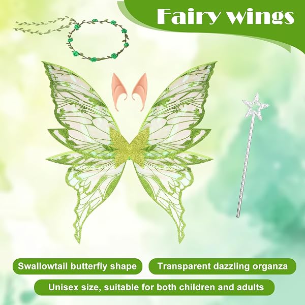 Ailes de Fée Adulte Enfant avec Oreilles d'Elfe Bandeau Et Baguettes de Étoile pour Costume de Fée,Deguisement Carnaval,Halloween,Cosplay,Fête - 4