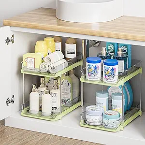 Delamu 2 Sets of 2-Tier Multi-Purpose Bathroom Under Sink Organizers and Storage, Stackable Kitchen Pantry Organization, Pull Out Medicine Cabinet Organizer with 8 Movable Dividers, Green