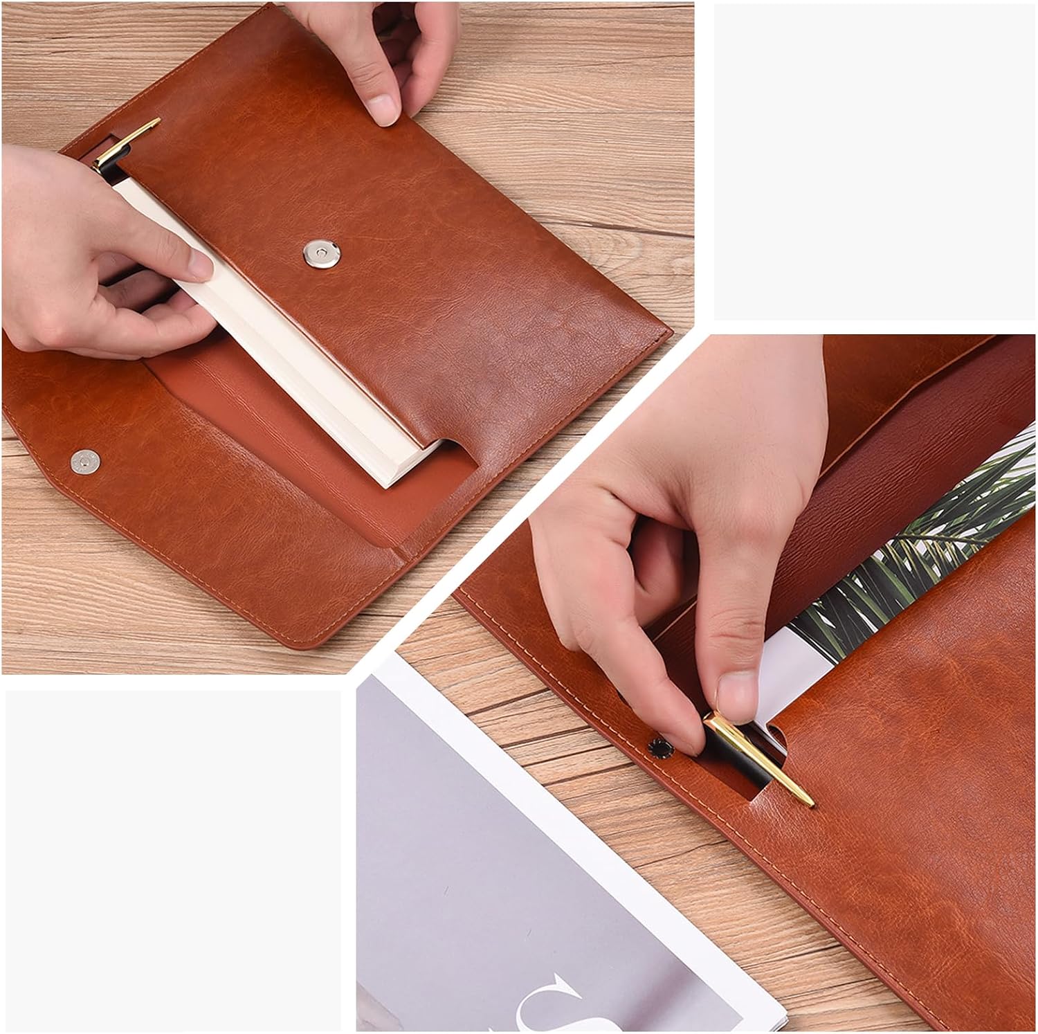 PU Leather A5 File Folder Document Holder A5 Envelope Folder with Snap Closure for Receipt 2Packs (Black&Brown) image 3