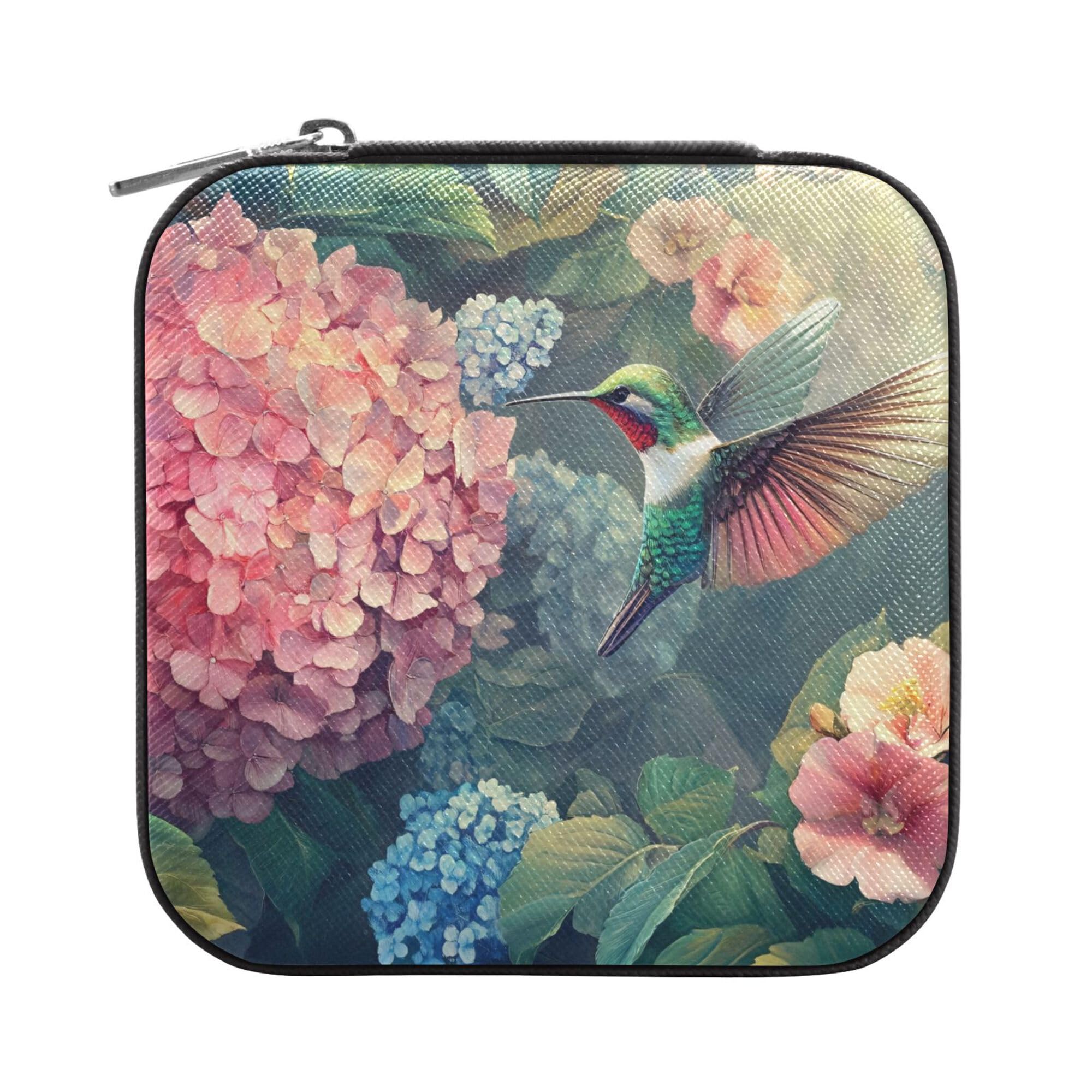 MNSRUU Small Jewelry Box Storage and Organizer Hydrangeas Hummingbirds Mini Travel Jewelry Case Portable Earring Ring Organizer Boxes for Women Girls, Black