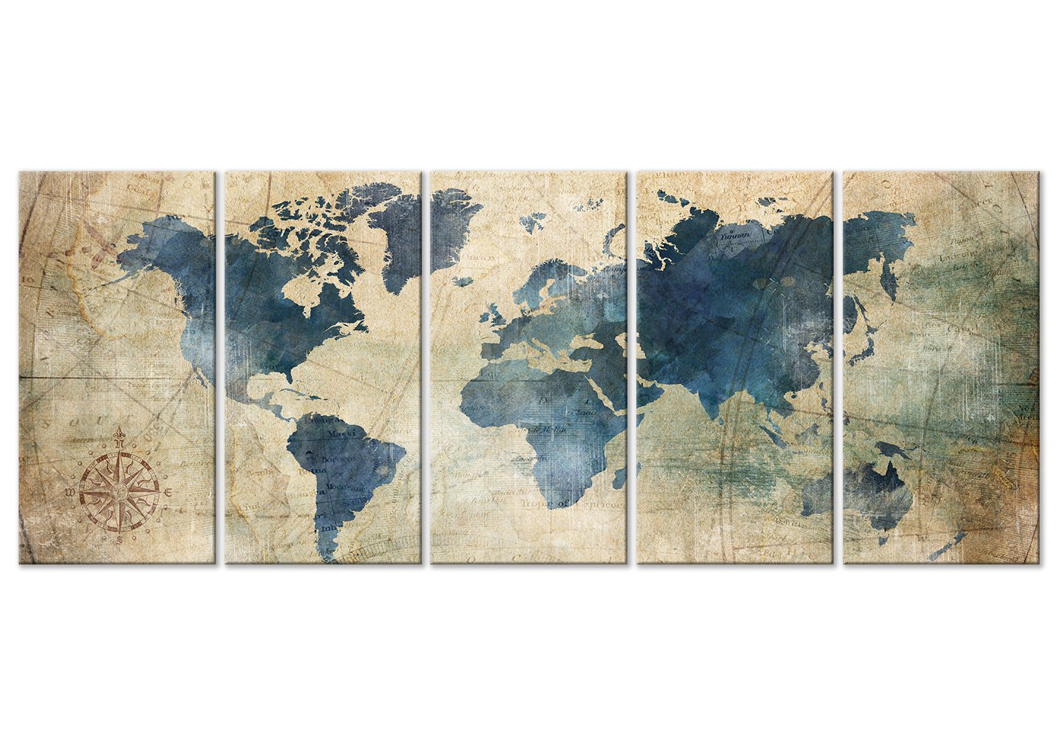 murando Cuadro Acústico Mapamundi 200x80 cm espuma acústica absorbe | sonido aislamiento lienzo de 5 piezas Decoración de Pared Windrose Mapa
