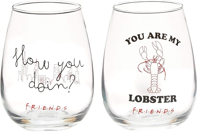 Paladone Friends Set of 2 Glasses, Stemless Wine Glasses - You are My Lobster, How You Doin