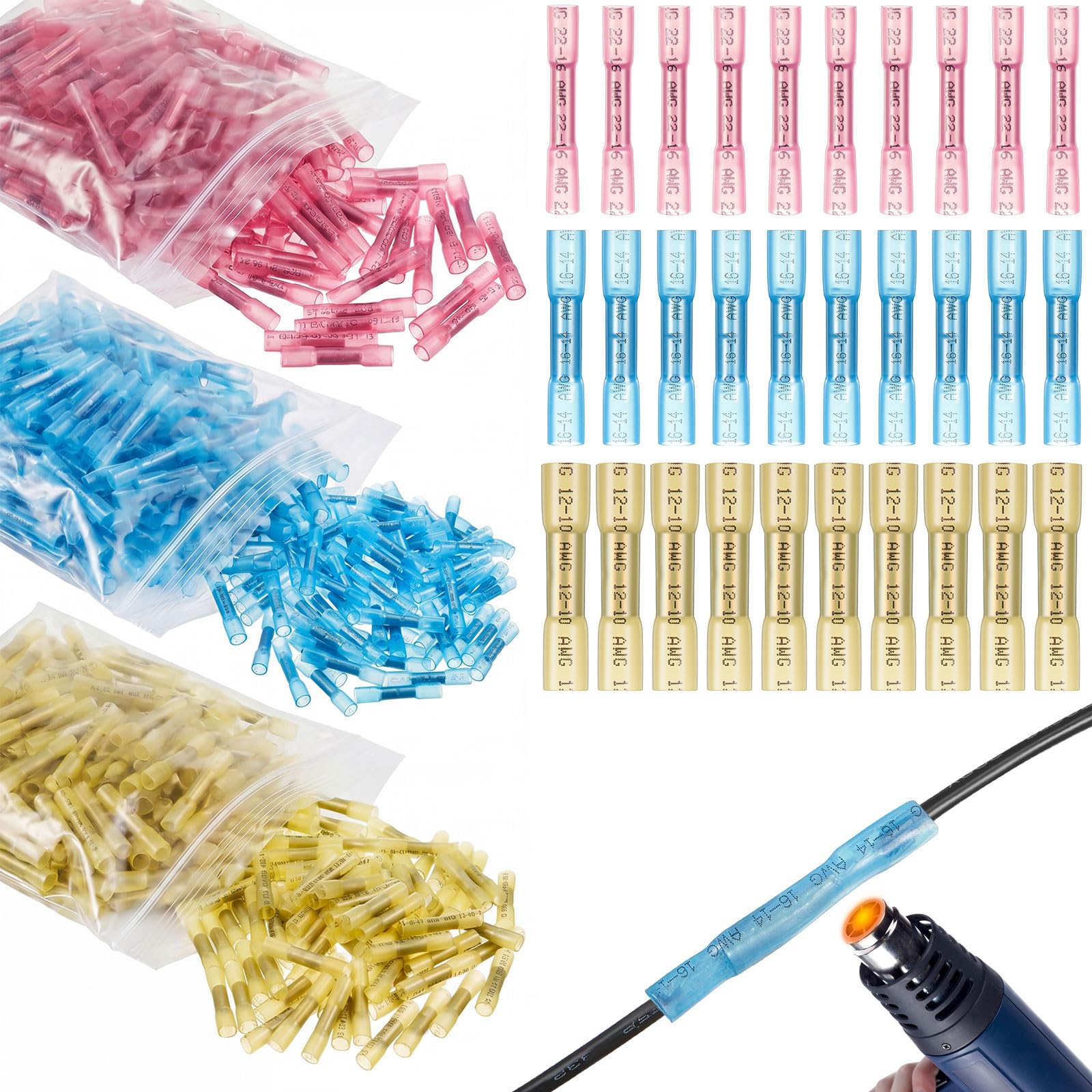 Copkim 2100 conectores termorretráctiles, 16-14 AWG 22-16 AWG 12-10, conector de cable eléctrico de crimpado impermeable, empalme de alambre aislado para barcos, cables, cableado, automoción, hogar