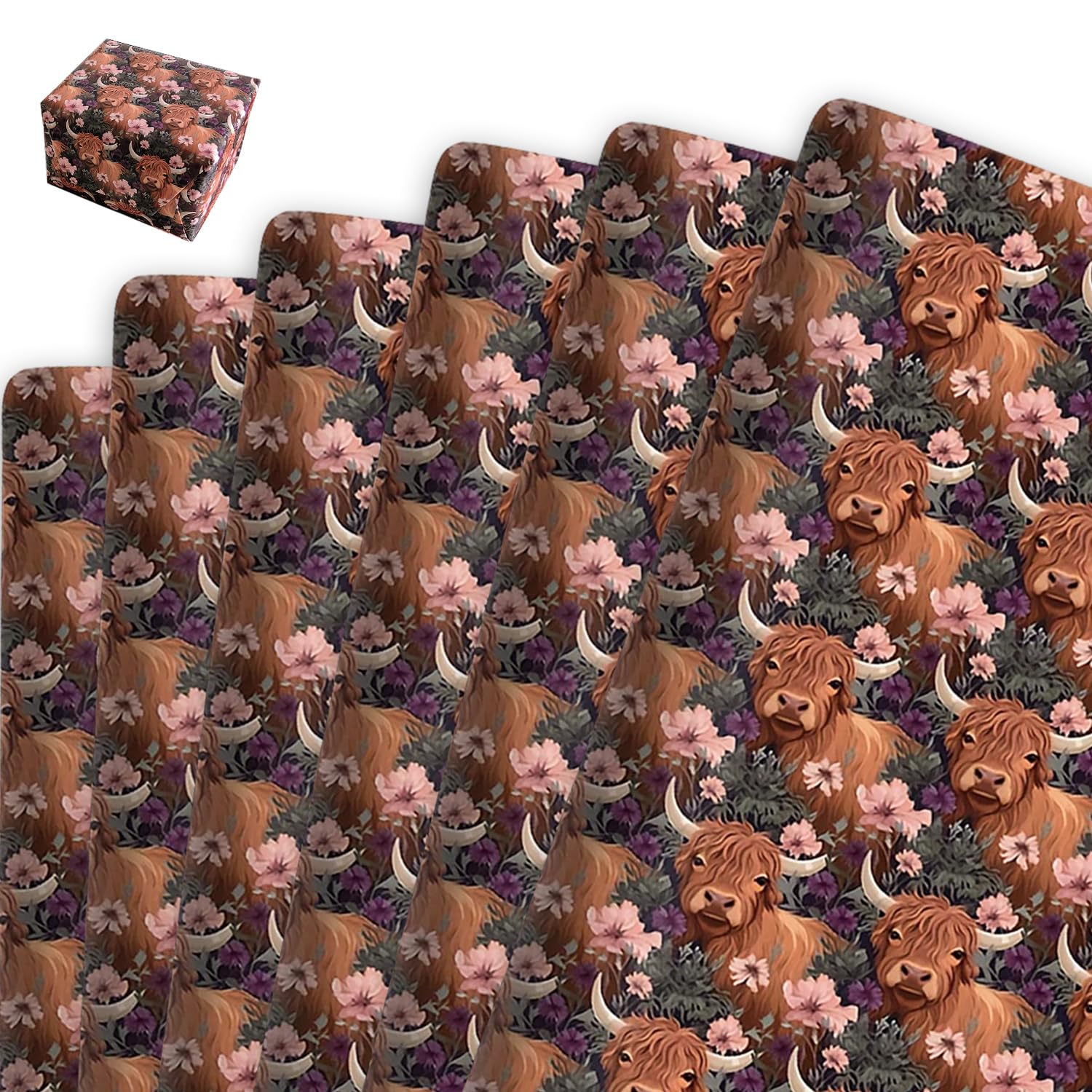 6 Sheets Highland Cow Wrapping Paper, Gift Wrap Colorful, Highland Cow Art Paper for Birthday, Wedding, Party, Christmas, Valentine's Day Gift Packaging Decorations — image 1