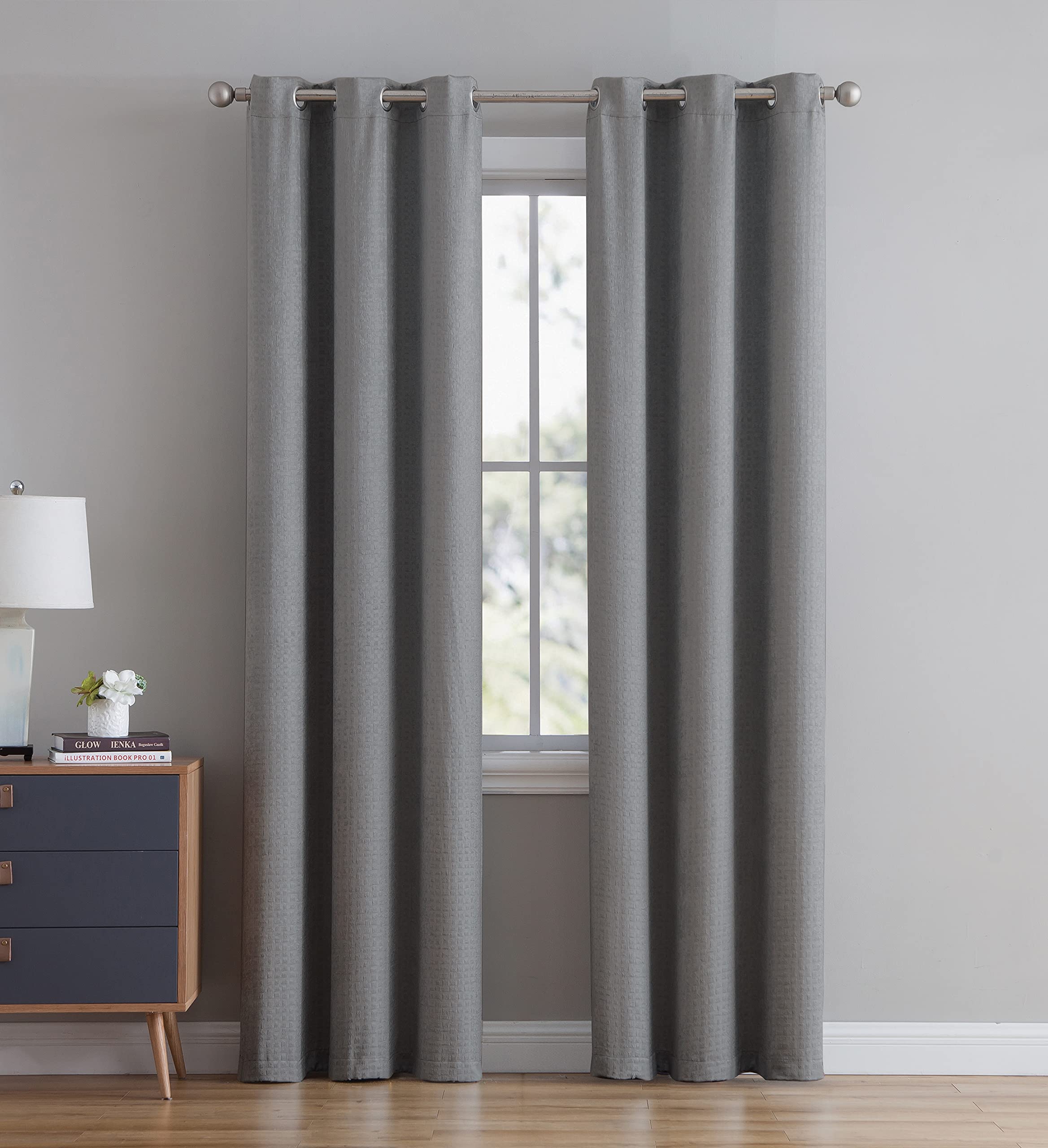 ABABY.COM Bethany Basketweave Blackout Panel Pair 76x84-Silver, Silver