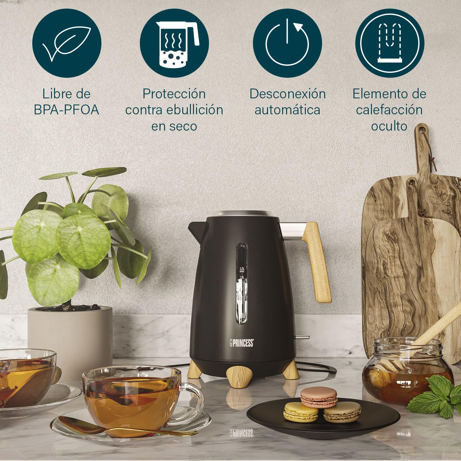 Hervidor Princess Pure - 1,7 L - Diseño de bambú - Giratorio 360° - 3000 W - Negro mate