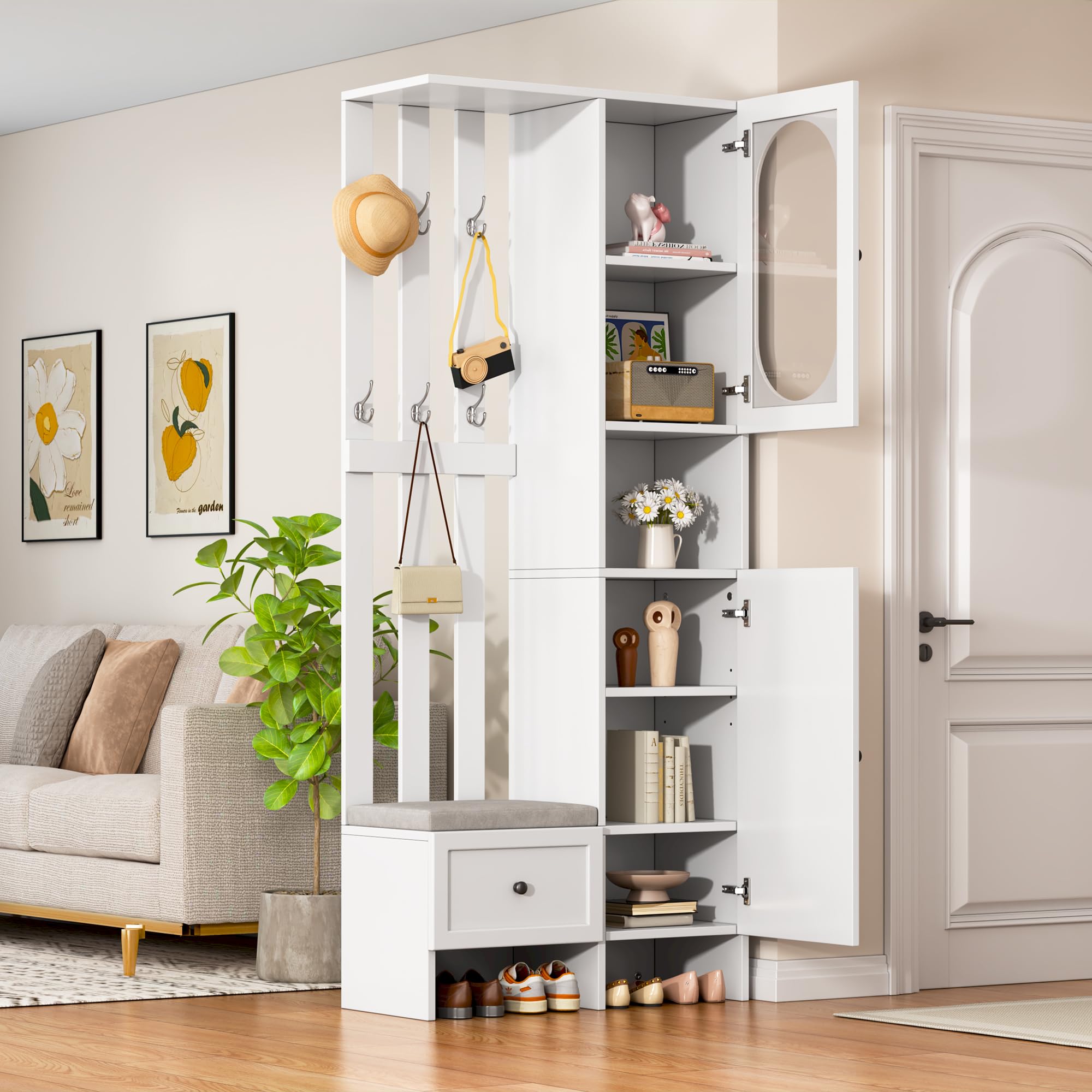 Merax Garderobenset Wandgarderobe, Kompaktgarderobe, Modern Flurgarderoben Set mit Schuhbank, Vitrine, Wandpaneelen, Kleiderhaken, Stylishe Garderobenständer für Flur Eingangsbereich, Flurmöbel, Weiß